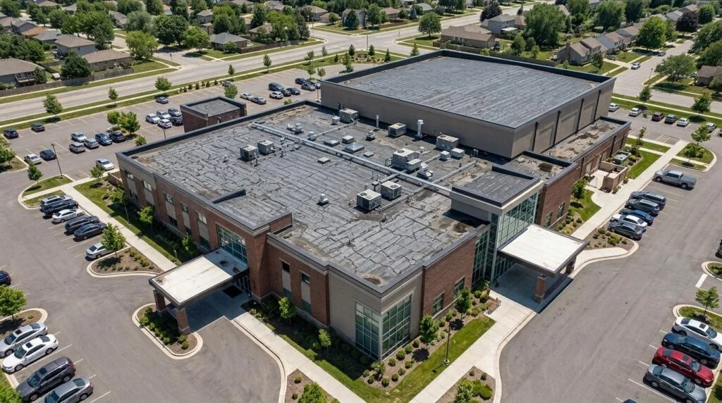 Commercial roofing project before work